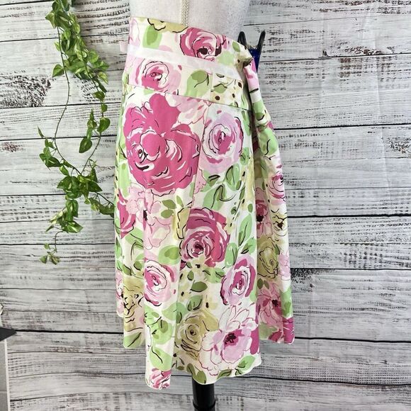 Spiegel Skirt size 14 Pink Green Floral Rose Knee A Line Stretch Wedding Modest - Picture 9 of 11